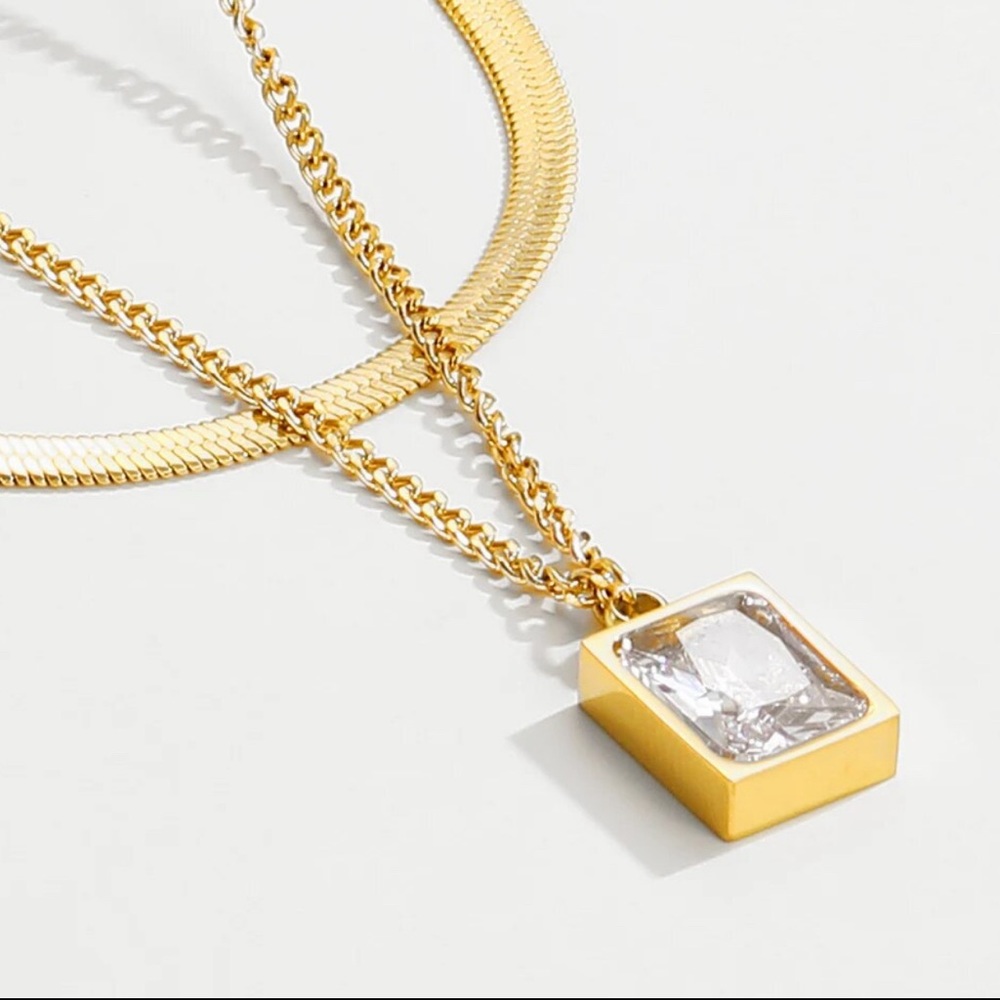 18K Gold Plated Double Layered Necklace,Snake Chain Mini Square Crystal …